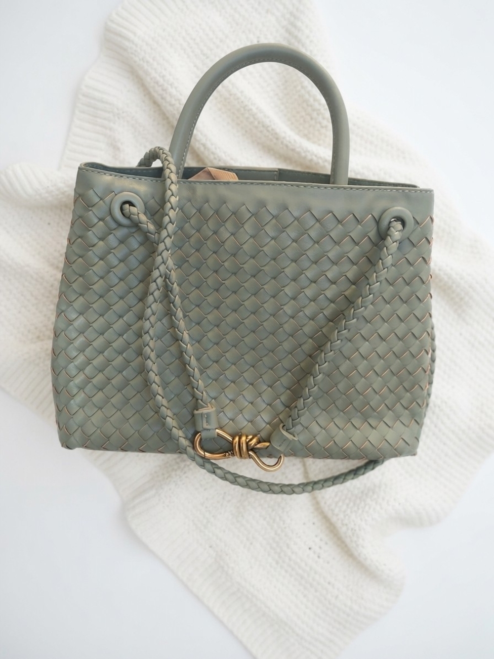 Woven Leather Tote Bag - Sage Green